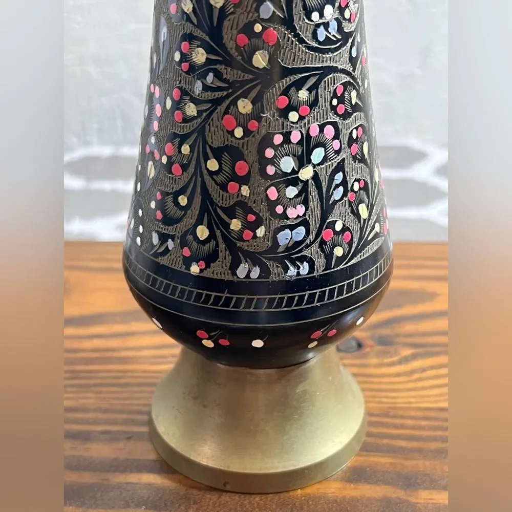 Vintage Black and Etched Brass Vase w enameled colorful painting, unique decor